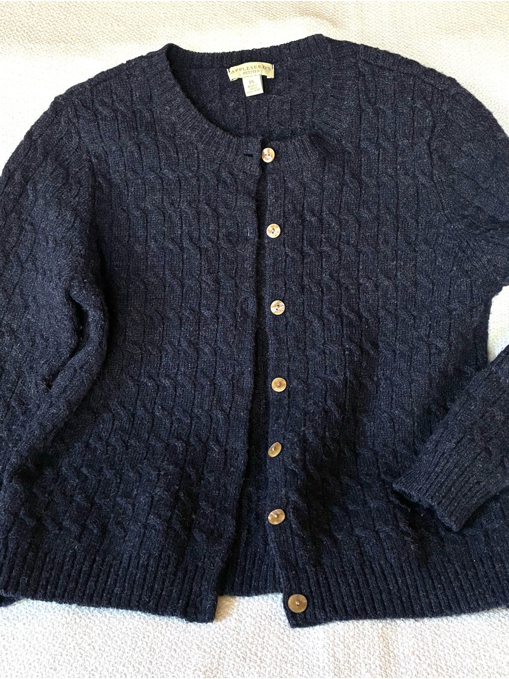 Appleseed's Navy Cable-Knit 100% Wool Button Cardigan